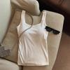 Camisola básica de algodón puro para mujer de verano, copa de una pieza con almohadilla en el pecho, color negro sólido, chaqueta interior, top sencillo