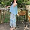 Atuendo Estilo Resort: Conjunto de Chaleco Azul y Falda con Borlas Florales, Top de Verano sin Mangas para Mujer, Conjunto de Dos Piezas Reductor de Edad