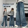 Jeans para niñas, colección otoño 2026, estilo nuevo, pantalones rectos con estampado de estrellas para niños, cintura elástica, pantalones largos holgados para niñas