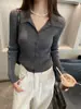 Top de punto con solapa para mujer, prenda exterior de otoño e invierno, nuevo estilo, chaqueta suéter, perezoso, manga larga, corte ajustado, capa base, talla única