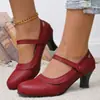 Sapatos de Salto Alto de Comércio Exterior Plus Size para Mulheres 2025 Sapatos de Tira Única Redondos Retrô para Mulheres Sapatos Mary Jane de Salto Grosso para Mulheres