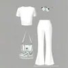 Conjunto de duas peças estilo rua para menina grande com estampa fofa, top de manga curta estilo coreano em desenho animado de seda de leite e calça boca de sino