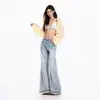Jeans feminino transfronteiriço 2026, levemente flare, estilo americano, lavado, comprimento total, azul claro, extra longo, com estampa Yichun