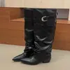 Botas de salto grosso bico fino salto alto botas longas western cowboy enrugadas femininas 2026 outono novo cano alto para perna de calça botas de cavaleiro