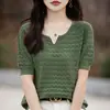 Suéter de manga corta de algodón puro para mujer con cuello en V, camiseta de manga tres cuartos, top de punto jacquard por computadora calado