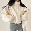 Moletom feminino curto com gola alta para outono e inverno, forrado com fleece, grosso, modelagem solta, estilo ins, jaqueta casual com zíper de lã de cordeiro