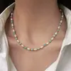 Colar de Pérolas Naturais de Água Doce Turquesa com Contas Coloridas Corrente para Clavícula Feminina de Luxo Leve Nicho Novo Estilo Chinês
