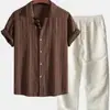 Camisa Casual de Manga Curta com Gola e Calça Longa Listradas Respiráveis 3D Impressas, Estilo Casual Simples, Moda de Verão Nova, Tendência Europeia e Americana