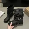 Botas de couro empilháveis salto grosso botas curtas cano curto moda feminina plissado retrô 2026 fivela outono novo estilo calça de bota perna não