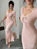 Comercio exterior transfronterizo vestido de punto ajustado dulce y femenino con cuello de diamante de color liso y lazo Amazon