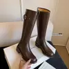 Producción a largo plazo~ Botas de montar altas con cremallera lateral y forro de felpa, nuevo modelo otoño 2026, botas ajustadas de tacón bajo completamente de cuero