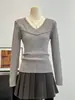 Suéter de tricô com tranças e decote V estilo coreano, de manga longa, novo top base slim fit feminino para outono e inverno