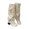 Botas compridas de duas vias com fivela de cinto estilo coreano para mulheres, coleção outono/inverno 2026, salto grosso, efeito emagrecedor, design de cano de bota, botas de alta costura de nicho