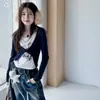 Conjunto de Camiseta de Manga Larga Off-the-Shoulder Falso Dos Piezas Estilo Coreano para Niñas 2026 Pantalones de Pierna Ancha de Mezclilla para Niñas Medianas y Grandes Pantalones Largos