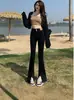Jeans retro preto com barra bootcut dividido para mulheres, novo modelo verão 2026, cintura alta, versátil, modelador, comprimento total, levemente flare