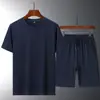Traje de Color Sólido de Algodón con Mangas Cortas para Hombre, Delgado de Verano, Transpirable, Shorts de Manga Corta con Sensación Fresca, Conjunto Casual de Dos Piezas para Deporte