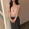 Chique Coreano Doce Juvenil Babados Pregas Cintura Marcada Manga Curta Chiffon Camisa Blusa Nova Moda Feminina Estilo Coreano