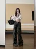 Pantalones de Trabajo Camuflaje de Mezclilla para Mujer Estilo Retro Chica Americana Picante Casual Cintura Alta Rectos Holgados Adelgazantes de Pierna Recta Hasta el Suelo