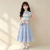 Conjunto de Verão Super Estiloso para Meninas: Nova T-shirt Tendência de Manga Curta com Gola Polo Color-Block e Saia de Bolo Conjunto de Duas Peças