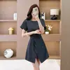 Em estoque, vestido de verão de manga curta, saia curta, emagrecedor, realça a altura, esconde gordura corporal e barriga, fica bonito, simples e estiloso, tecido transparente