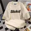 Tendência Nacional Camiseta Simples com Estampa de Letras Gola Redonda Manga Curta Casual de Alta Qualidade Solta Versátil Estilo Casal Top Cinza Claro