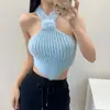 Chaleco de Punto Peludo con Cuello Halter Estilo Puro Deseo 2025 para Mujer Sexy Chica Caliente Jersey Tubo que Muestra el Ombligo