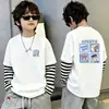 Camiseta de algodón de manga larga estampada para niños, moderna y sencilla, camiseta básica de retazos a rayas estilo coreano, top de imitación de dos piezas, estilo ins