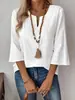 Top de mujer de comercio exterior europeo y americano para primavera/verano de Amazon, de color liso, corte holgado, escote en V pequeño, manga de tres cuartos, con ribete de encaje