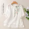 Novo top retrô estilo chinês de algodão e linho para mulheres, camisa fina solta de algodão e linho para o verão, blusa de mangas curtas de algodão e linho
