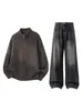 Conjunto Estilo Retrô Preguiçoso Han Lu Tricô com Zíper Gola Meia-Alta Japonês Combinado com Jeans de Silhueta Vintage Desgastada