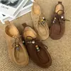 Zapatos Retro de Canguro Hechos a Mano Gamuza Piel de Vaca con Cordones Zapatos Casuales Diseño de Nicho para Mujer Zapatos Retro de Cuero Genuino para Mujer