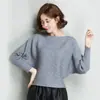 Blusa Feminina de Manga Morcego Outono Nova Versão Coreana Versátil Solta Manga Morcego Ombro a Ombro Camiseta de Tricô Cinza Tamanho Único
