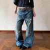 Jeans Retrô Americano Lavado Velho Borda Desfiada Patch Rasgado Bigodes de Gato Design para Homens e Mulheres Perna Reta Calças Largas