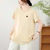 Camiseta blanca de manga corta con bordado floral para mujer, cuello redondo, corte ajustado, diseño único, top de estilo casual