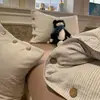 Conjunto de Roupa de Cama de Algodão Lavado Estilo Muji com Botões Quatro Peças Capa de Edredom Jacquard Lençol de Cima Lençol com Elástico Conjunto de Três Peças para Dormitório Estudantil