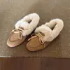 Estufa Cálida de Invierno~Ropa Exterior Perezosa Suave Zapatos de Frijol Nuevo Estilo para Mujer Lazo Cuero Mate Fondo Plano Mocasines de Piel
