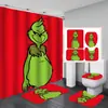 Juego de cortina de ducha impermeable con temática de Grinch, incluye cuatro piezas: cortina de ducha de poliéster, juego de baño impermeable y resistente al moho, y alfombrilla de baño