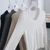 Camiseta de punto para mujer de manga larga, suave y flexible, de lana Lyocell Tencel, fina, de cuello en U, corte ajustado, para otoño