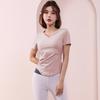 Ropa de yoga color nude talla grande para mujer, top deportivo sexy de verano con cuello en V pequeño y manga corta, camiseta de fitness ajustada adelgazante