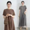 Vestido Largo de Verano Estilo Japonés Maillard de Manga Corta para Mujer, Moda Suelto, Cuello Redondo, Manga Corta, Falda Amplia, Línea A