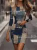 Vestido Bodycon de Manga Larga Estilo Callejero Vintage Ajustado con Estampado de Patchwork de Mezclilla Sintética Nuevo Estilo Otoño 2025