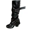Botas de cuero de tacón alto hasta la pantorrilla para mujer, estilo minimalista de diseño único con hebilla de cinturón, botas de montar que estilizan y moldean las piernas