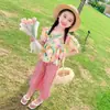 Conjunto de Roupa de Verão para Meninas com Mangas Bufantes Calças de Perna Larga Finas Estilosas Conjunto de Duas Peças Estilo Coreano para Meninas
