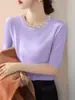 Suéter de Tricô Redondo Pesado com Contas e Mangas Curtas, Estilo Feminino, Embelezado com Strass, Suéter de Puxar Cor Sólida, Suéter de Manga Meia