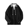 Sudadera de marca de moda para hombre de otoño e invierno con diseño de dos piezas falsas, cuello camisero, mangas largas, bloques de color y decoración de medio nudo
