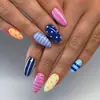 Unhas postiças listradas com bolinhas em color-blocking cor de macaron, formato amêndoa vintage dopamina removíveis atacado