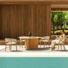 Mesa de Jantar e Cadeira de Madeira Maciça para Exterior à Prova de Chuva e Protetor Solar Vila Hotel Restaurante ao Ar Livre Rattan Teca Uma Mesa e Seis Cadeiras Pátio