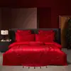 Set de Boda de Algodón con Bordado de Dragón y Fénix Juego de Varias Piezas Habitación de Boda Set de Cuatro Piezas de Algodón de Fibra Larga Ropa de Cama Festiva Roja para Boda