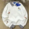Moletom Minimalista Estilo Coreano com Gola Polo para Mulheres Outono/Inverno 2025 Falso Duas Peças Patchwork Versátil Tendência Marca Top de Lã