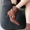 2026 Nuevas Botas de Moda Elegantes y Modernas con Punta Puntiaguda para Mujer con Hebilla Cruzada de Cuero Tacón Fino Botas de Tacón Alto Cremallera Lateral Botas de Jinete